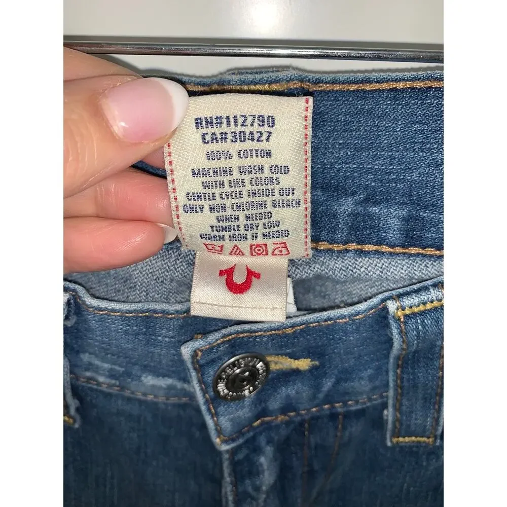 True Religion‎ Men's Blue Straight Jeans Size 34 Distressed Flap Pockets